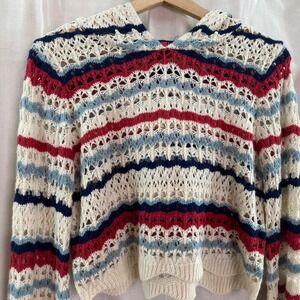 Rock & Roll Denim Crochet Knit Striped Hoodie Sweater Women Small Cream Red Blue